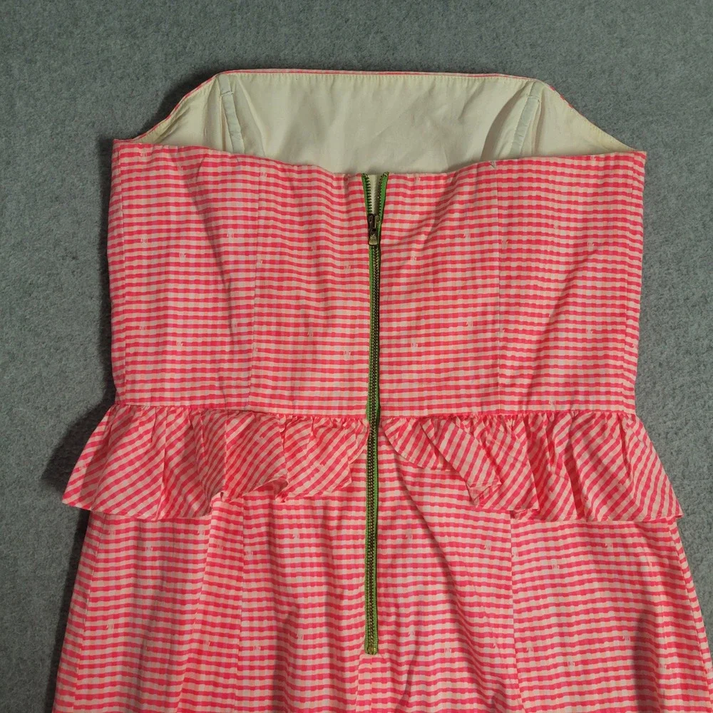 Lilly Pulitzer Lowe Pink Gingham Seersucker Peplum Strapless Dress 4 Zip Derby - Picture 10 of 13